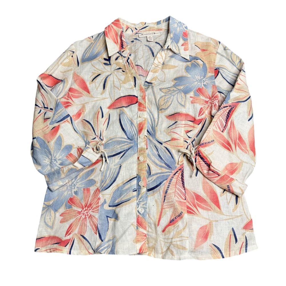 JM Collection‎ 100% Linen Floral Button Down 3/4 Sleeve Top Petite Size 8P